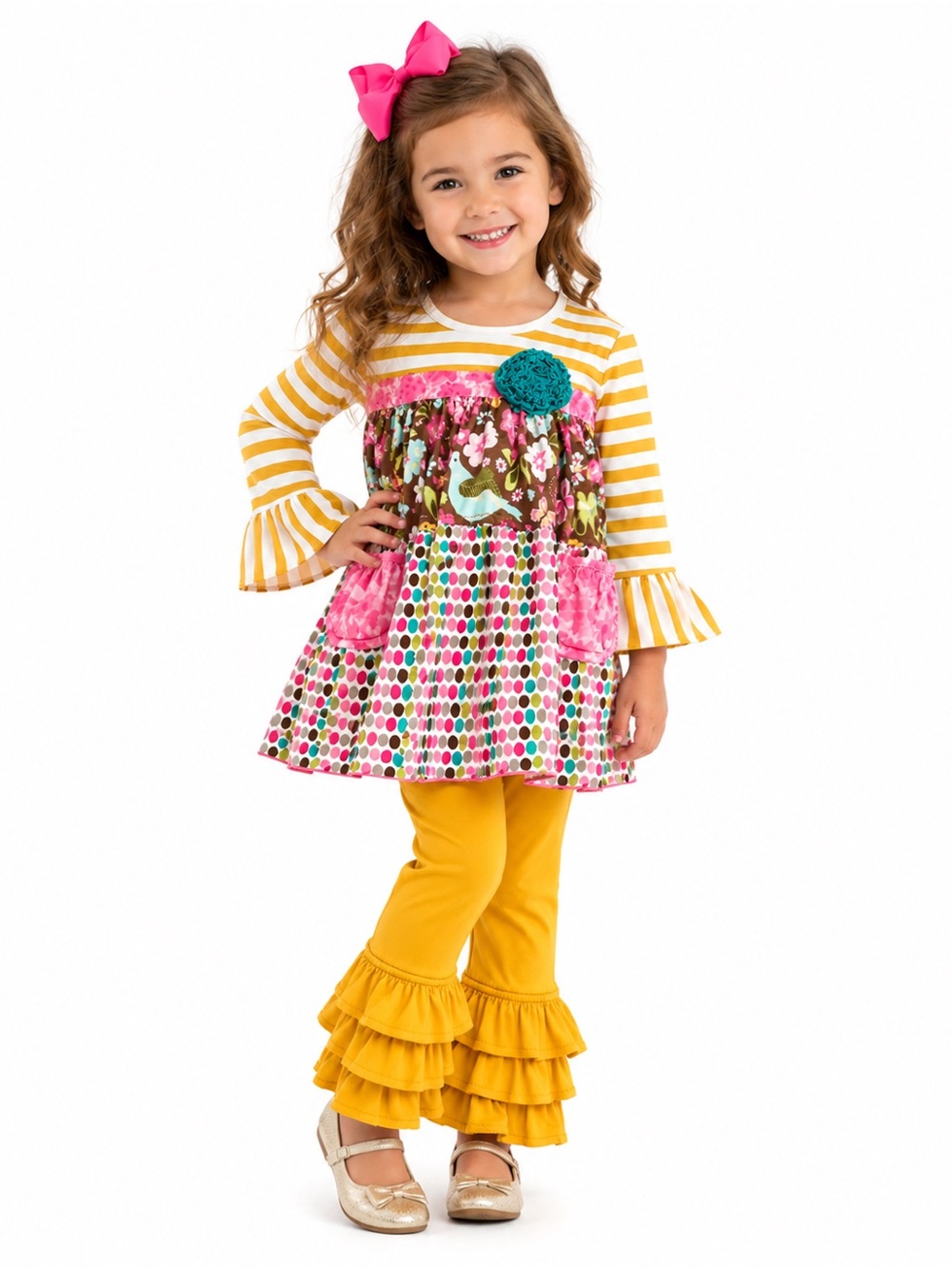 Girls Yellow & Pink Ruffle Tunic Set with Floral Patch